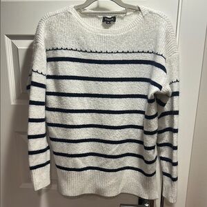 White and Blue Striped Crew Neck Sweater with Nautical Pattern